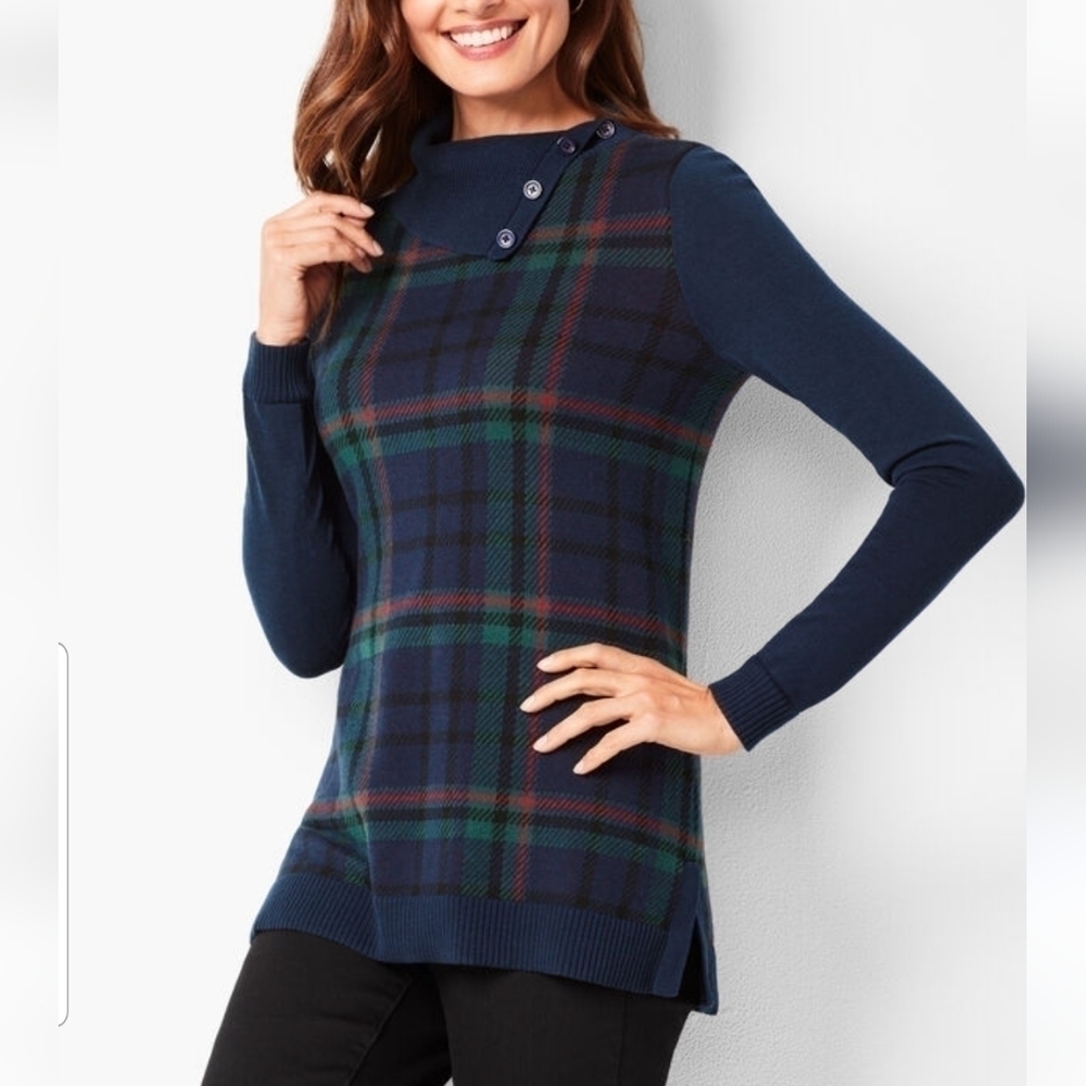 Talbots Plaid Split-Cowlneck Long Sleeve Sweater Size P
